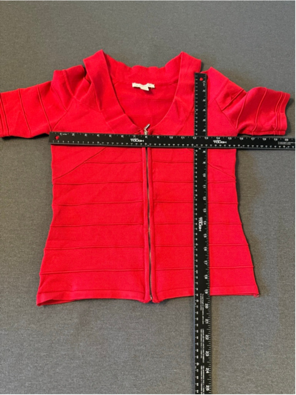 red Boston Proper zipper-front bandage blouse short sleeves cold shoulder XS - Picture 5 of 9